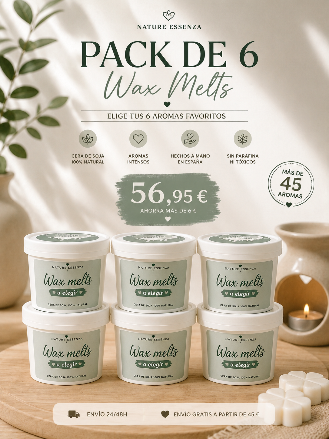 💖 Pack Ahorro de 6 Wax Melts (80g) | 🍓 Más de 45 aromas a elegir